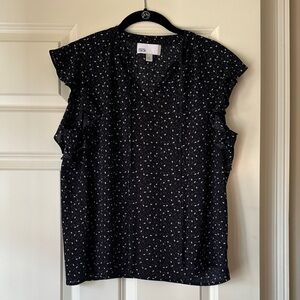 Black V-Neck Flutter Sleeve Blouse with Subtle White Dot Print